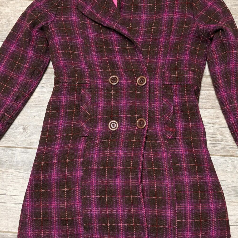 Unik Women’s Pink Brown Plaid Peacoat Jacket Size XL Double Breasted Lined Coat - Picture 2 of 6